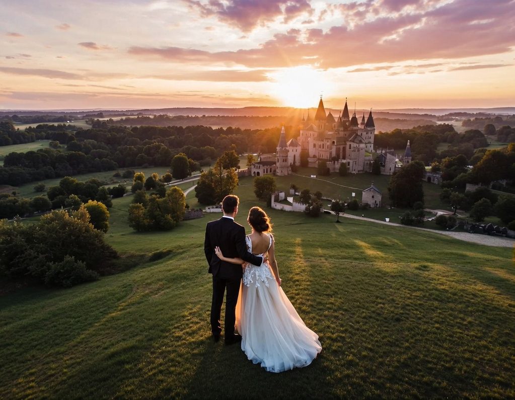 Cinematic-Wedding-Drone-Photography-Lancashire-ProView Cinematic aerial wedding photography showing a bride and groom on the grounds of a luxury Lancashire wedding venue, captured by ProView
