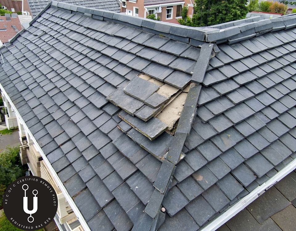 ProView-Accrington-Drone-Roof-Survey High-resolution drone roof inspection in Accrington showing chimney stack mortar and slate condition.